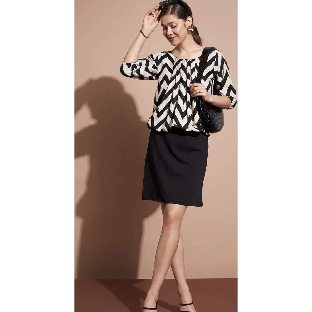 Women M Fitted Puff Sleeve Smocked Crepe Top Blouse Boho Peasant Geometric